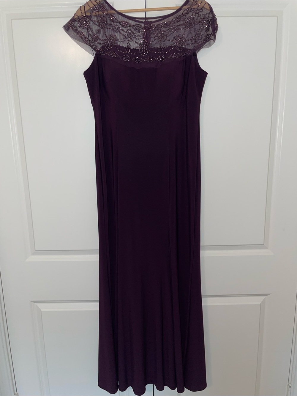 R&M Richards Elegant Beaded Illusion Yoke Maxi Dress in Deep Plum